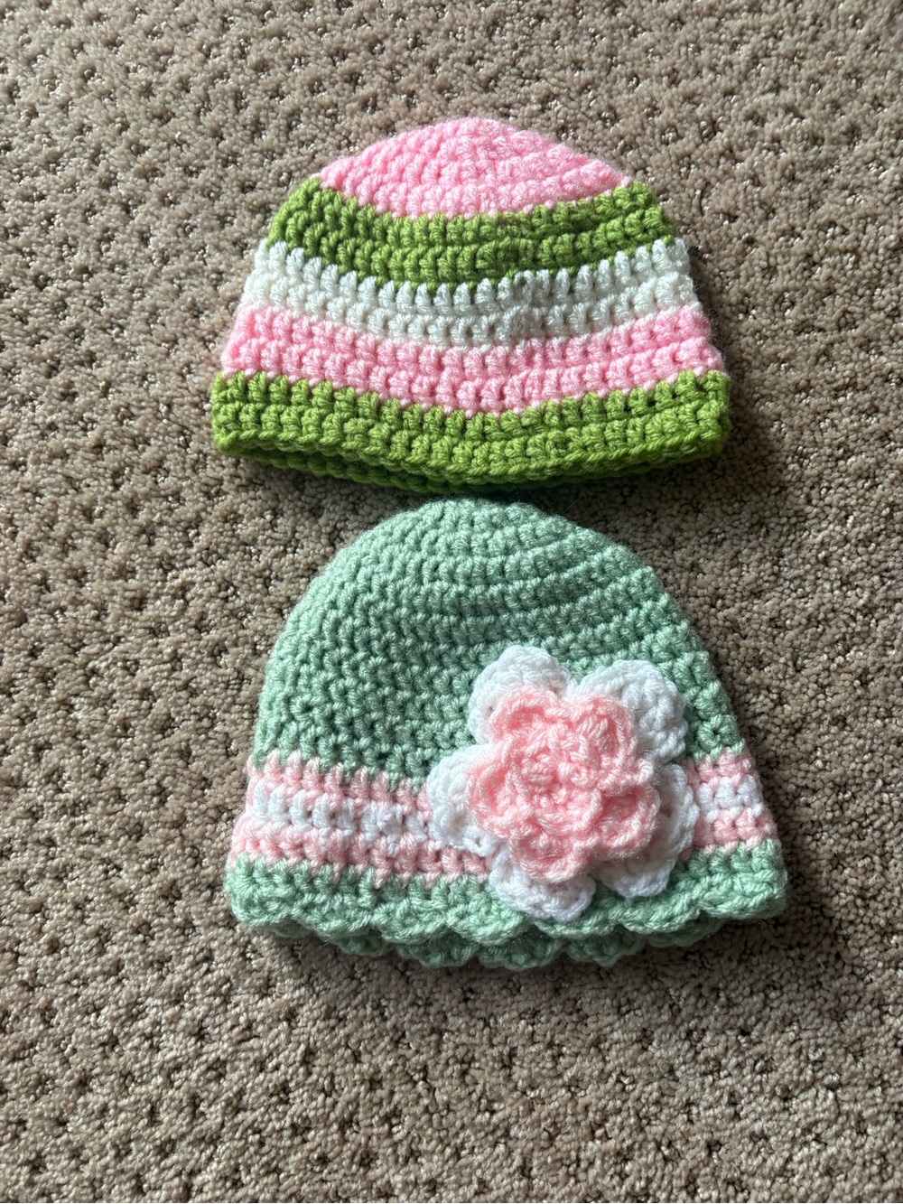 Handmade Pink & Green Crochet Baby girl Hats with Flower Accent